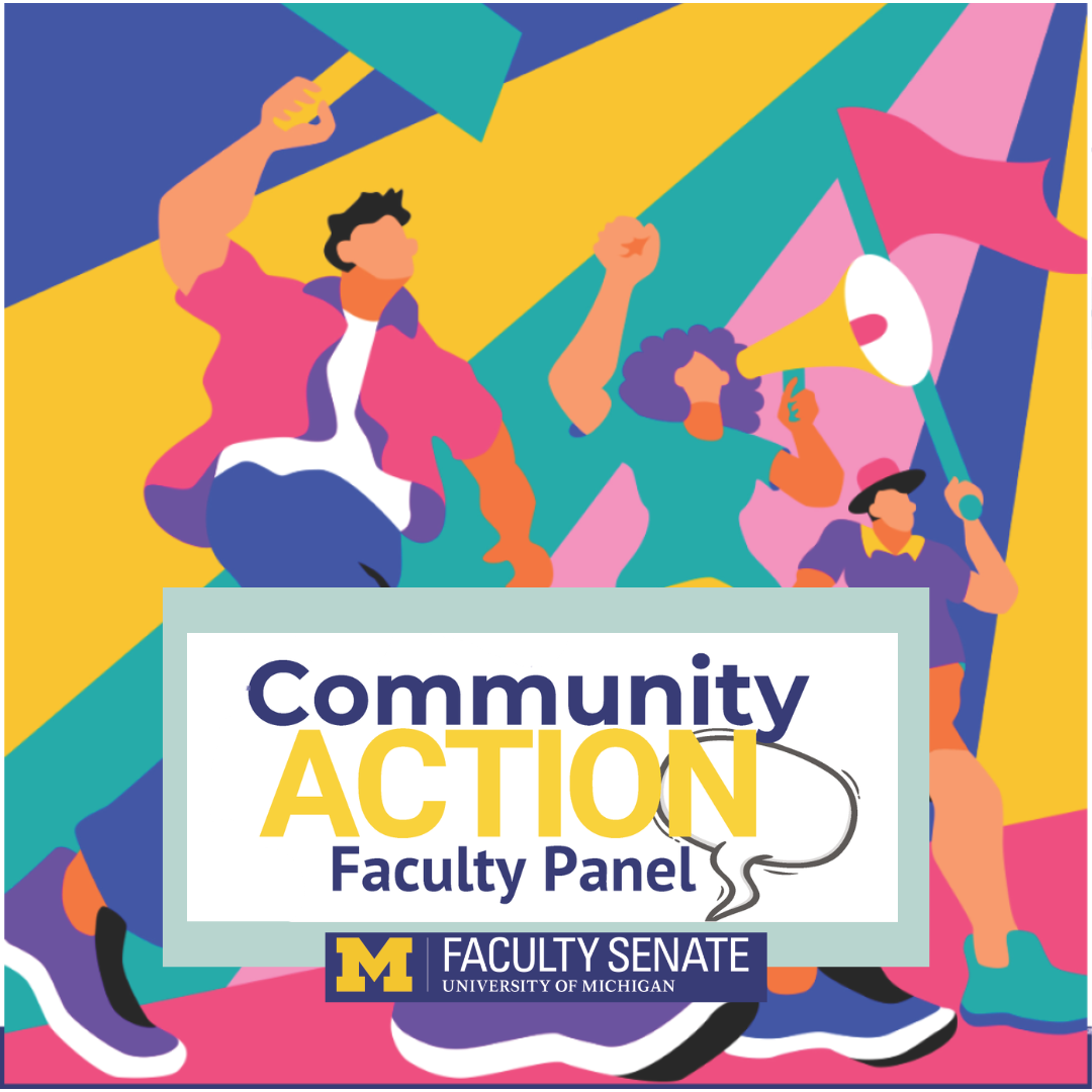 Illustration of protestors with the text: Community Action Faculty Panel