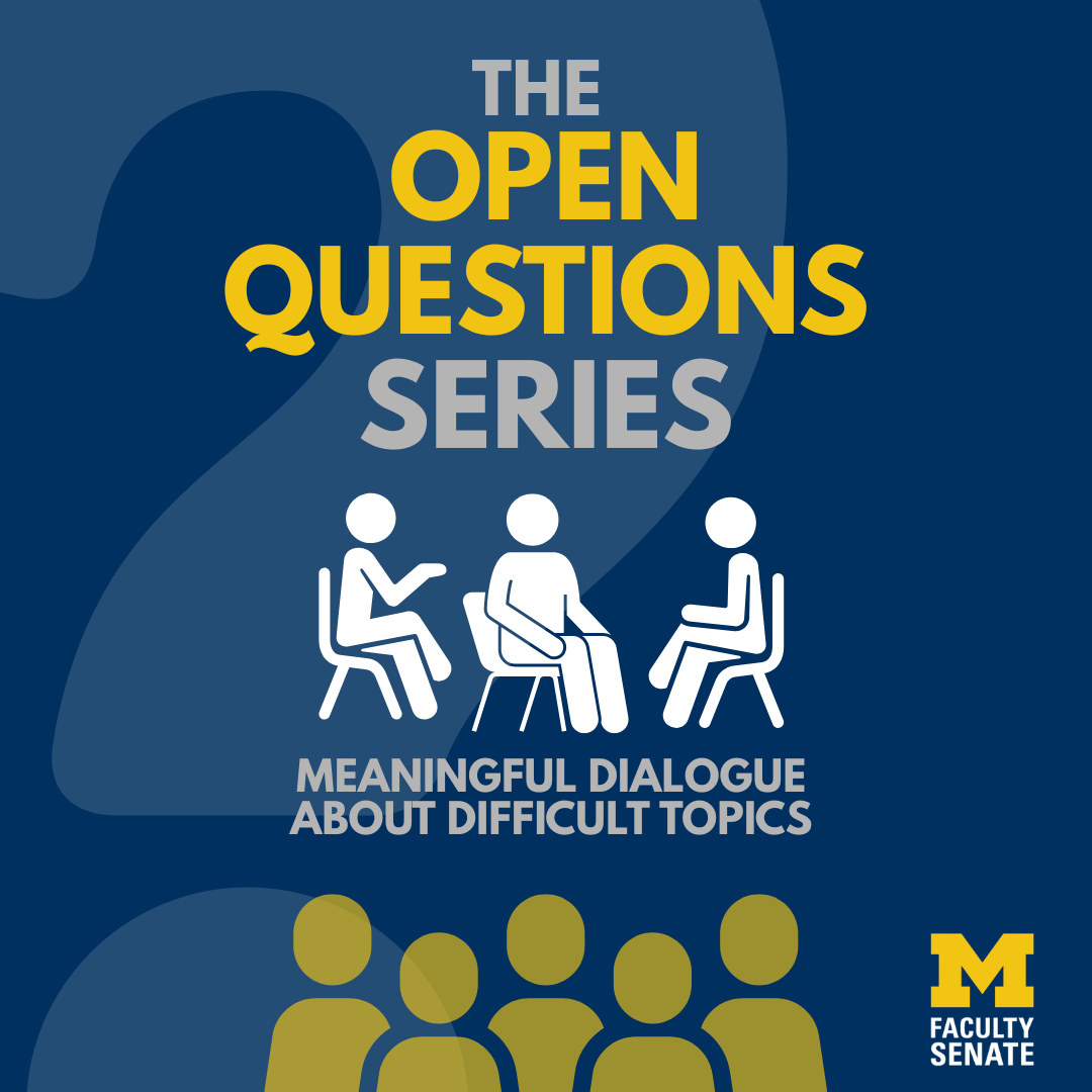 The Open Questions Series: Meaningful Dialogue about controversial topics. </p>
<p>Image of 3 stick figures talking in front of a crowd. 