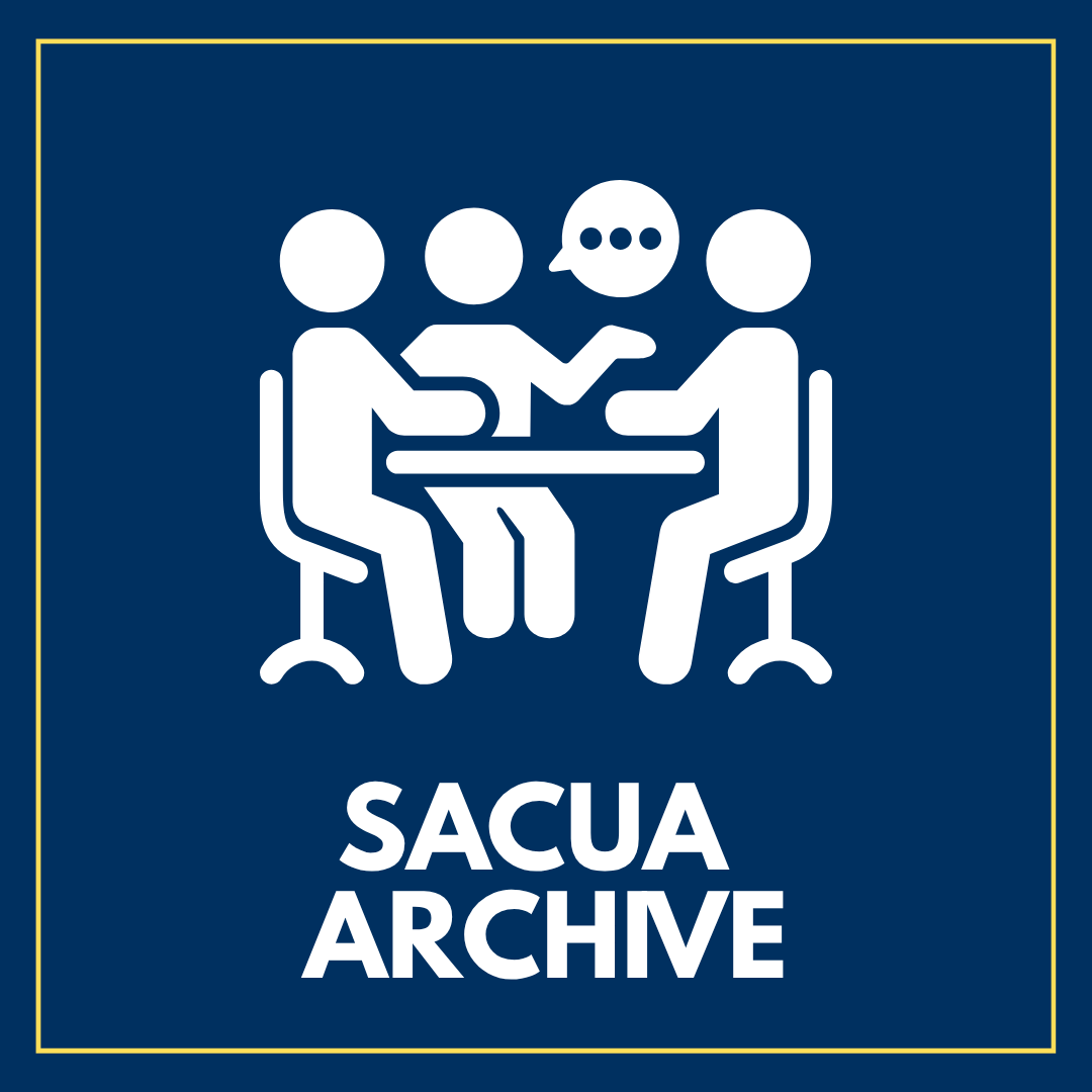 3 Stick figures sitting at a table having a conversation. White text on blue background that reads "SACUA Archive"