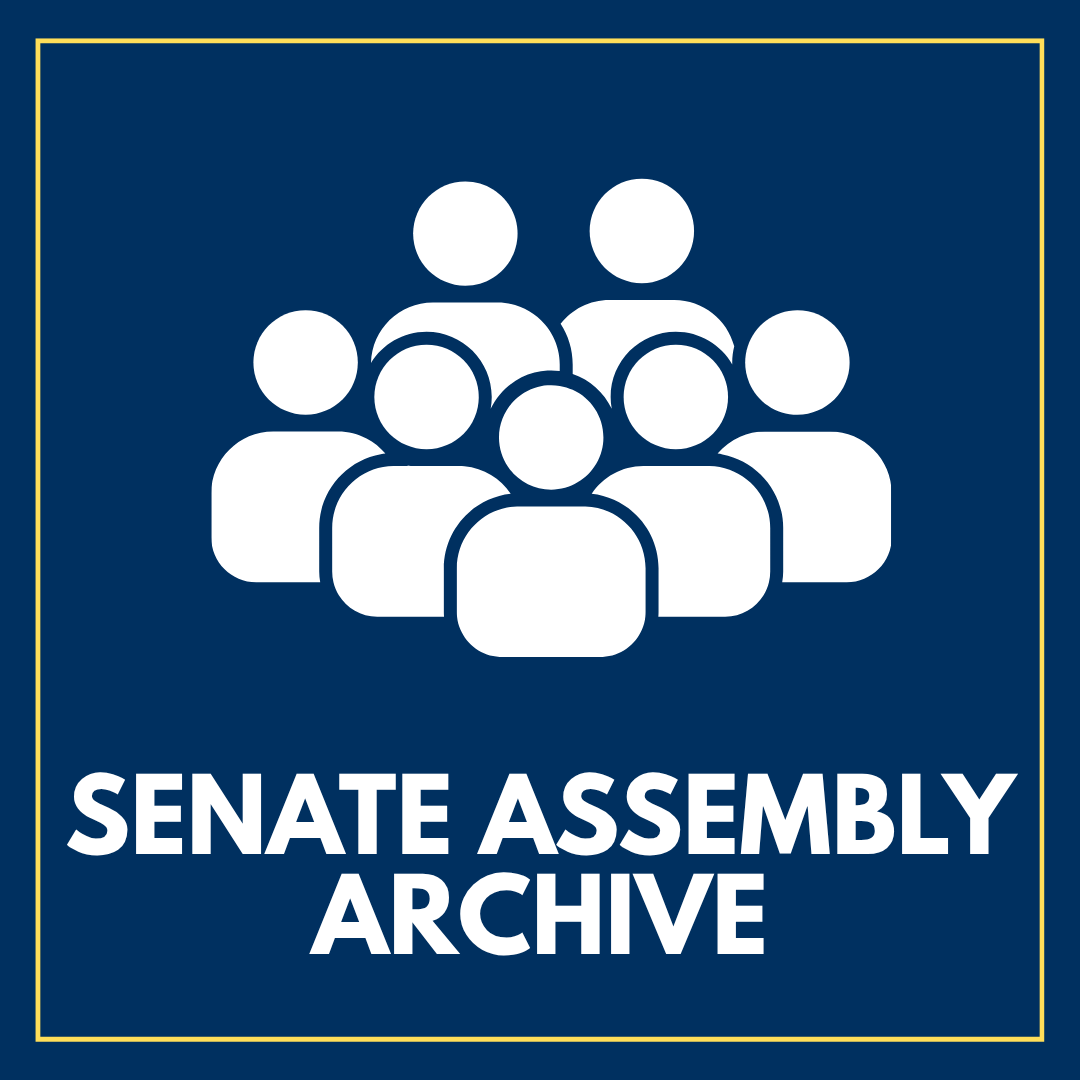 A group of stick figures standing together. White text on blue background that reads "Senate Assembly Archive"