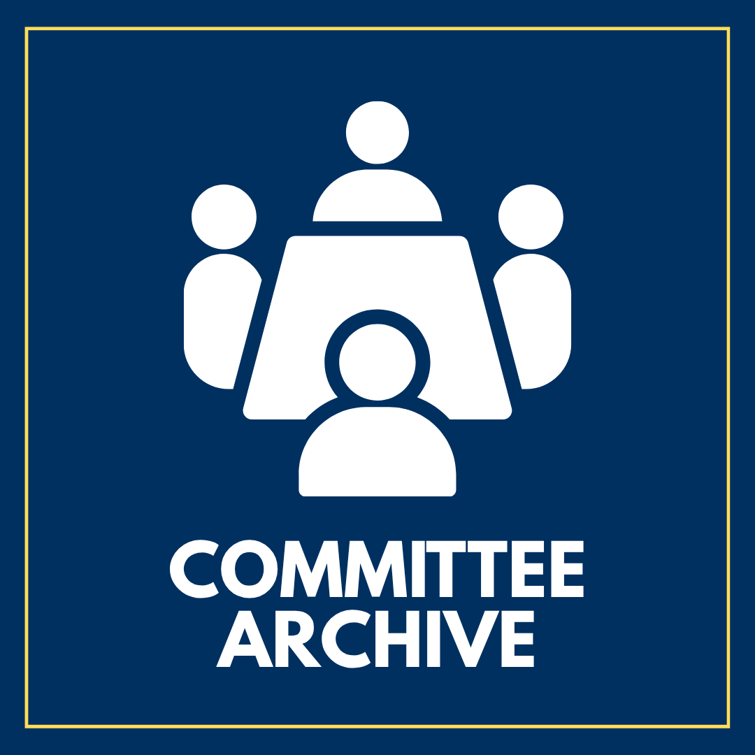 Stick figures sitting at white table. White text on blue background that reads Committee Archive