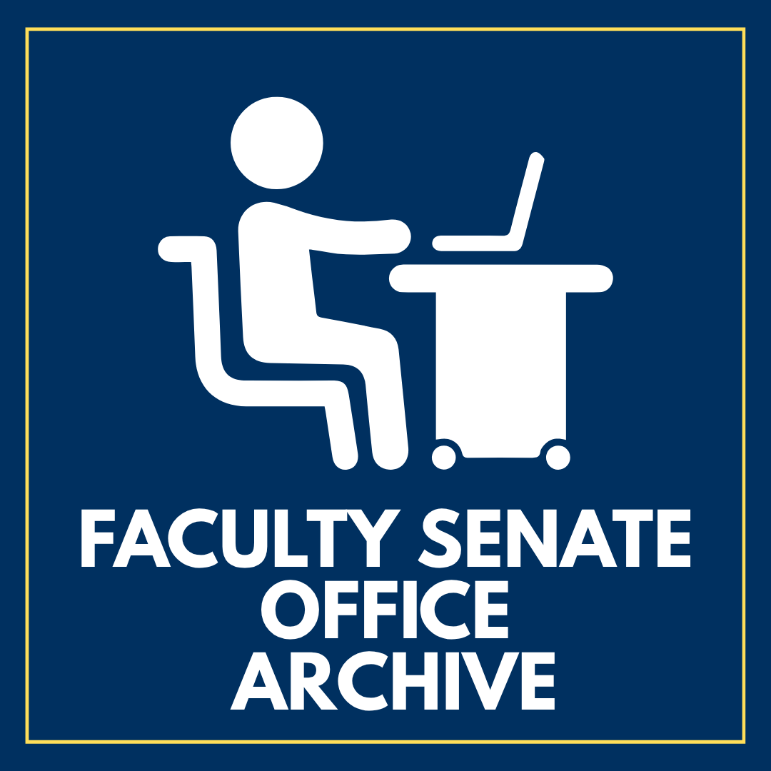 White stick figure sitting at desk. White text on blue background reads Faculty Senate Office Archive