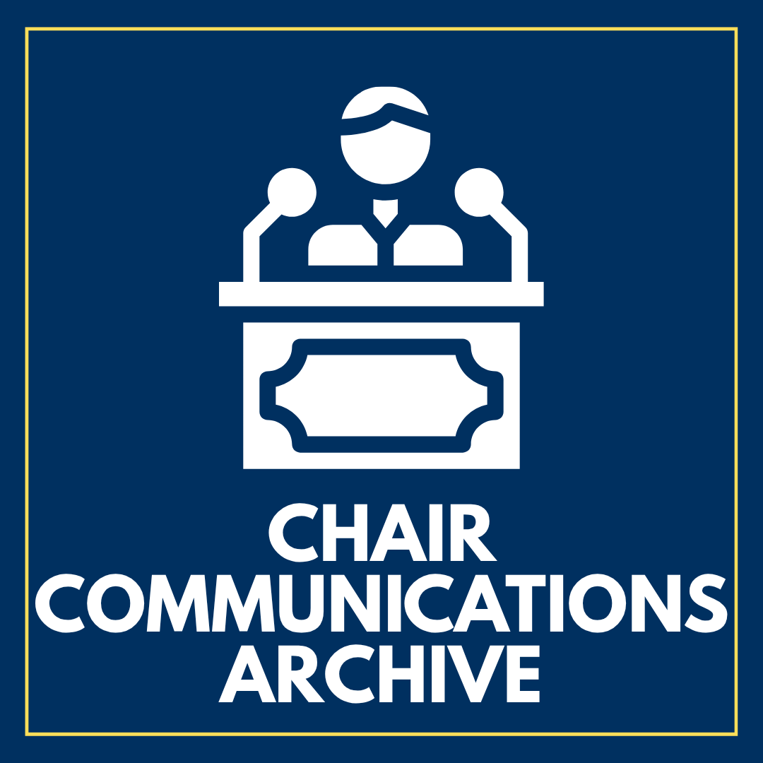 White stick figure standing at podium. White text on blue background that read Chair Communications Archive